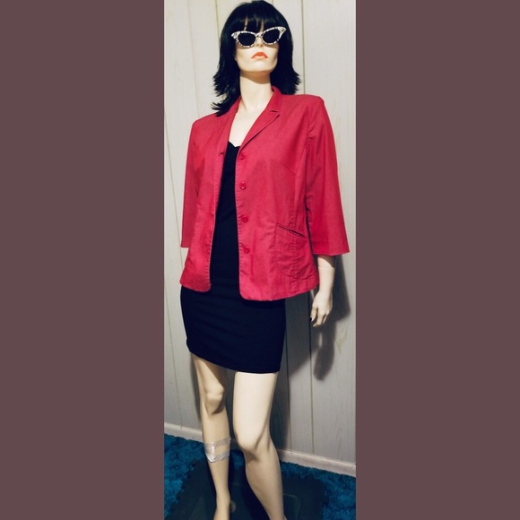 💋Vintage 90s EXPRESS Stretch RED Denim Blazer Jacket - Picture 4 of 8